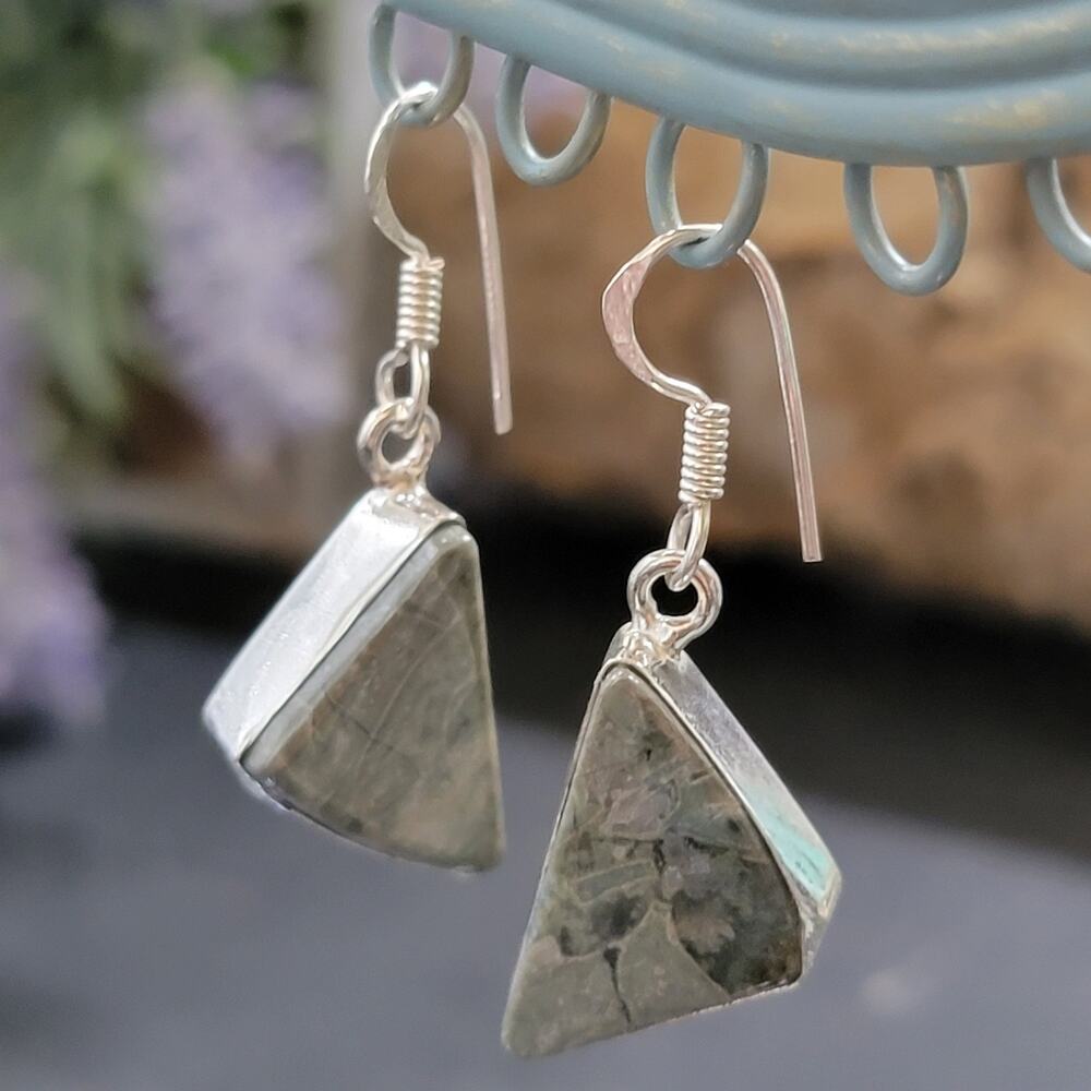 Sterling Silver Triangle Textured Stone Earrings 1 Inch Geometric Dangle